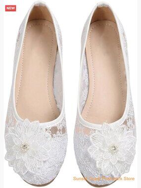 Women's Lace Shoes 3D Floral Pearl Closed Toe Ballet Flats Comfortable Wedding